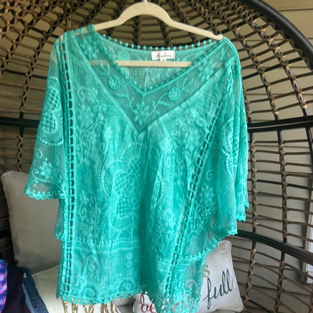 Medium Aqua Sheer Lace Poncho Top